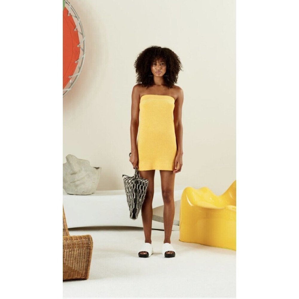 SIMON MILLER Womens Yellow Poi Strapless French Terry Mini Casual Dress Size S